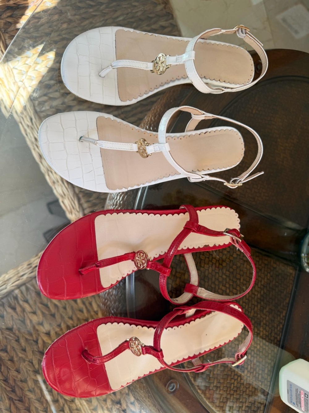 2x1 price Charter Club T-Strap Sandals in White and Red with Gold Emblem